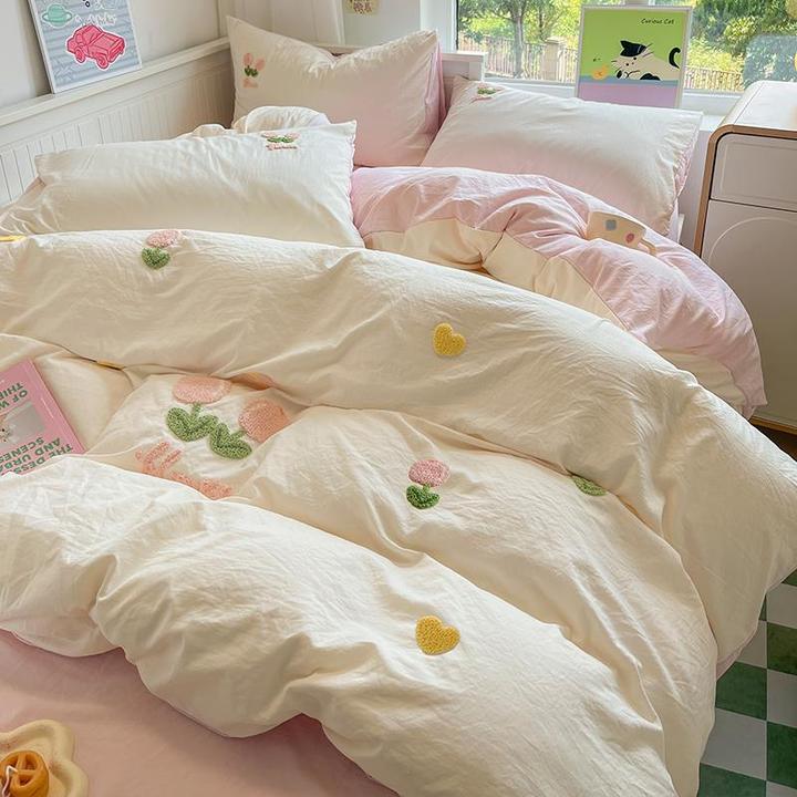 卡通郁金香毛巾绣水洗棉四件套亲肤被套被罩床单学生宿舍床三件套