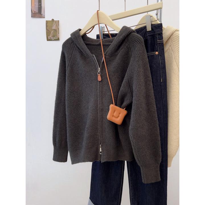 慵懒风坑条双拉链连帽长袖针织开衫女秋冬软糯宽松毛衣打底衫上衣