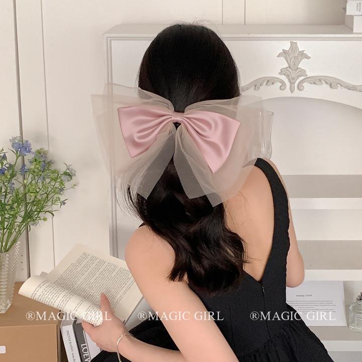 千金感网纱缎面蝴蝶结发夹超大质感弹簧夹发饰优雅发卡夹子ins