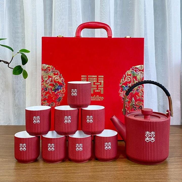 结婚茶具套装红陶瓷喜杯茶壶婚庆敬茶婚礼物品新婚陪嫁用品