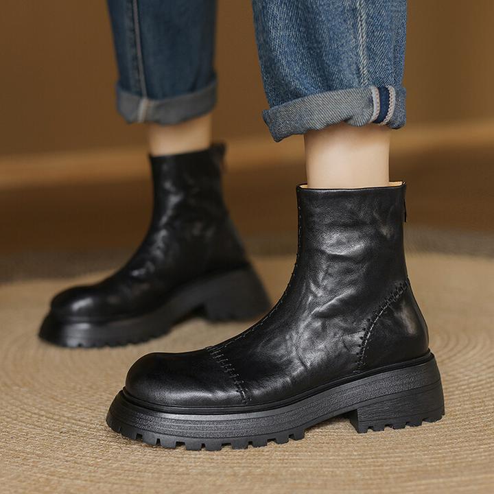 复古牛皮厚底马丁靴女粗跟圆头拼接短靴中跟英伦风小个子增高靴子