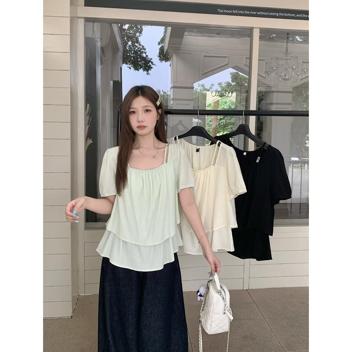 2025夏季新款胖mm大码法式气质方领短袖T恤设计感娃娃衫上衣64784