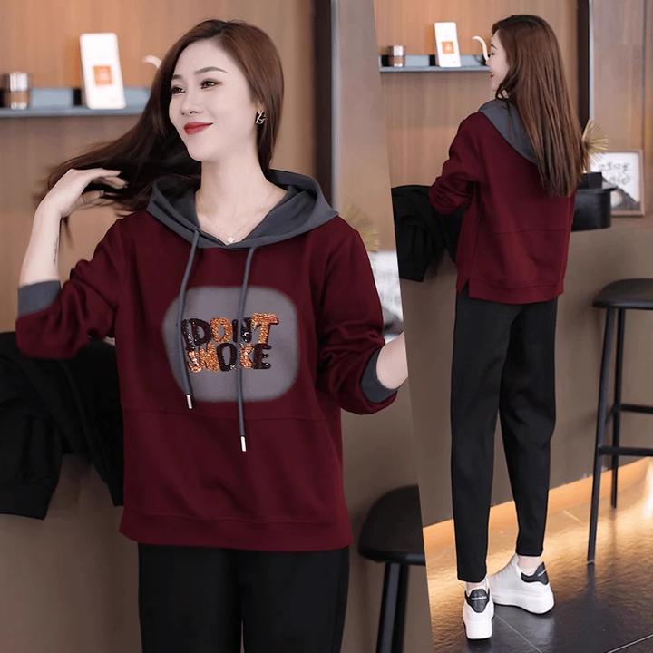 时尚长袖连帽卫衣女2024秋季新款洋气宽松显瘦烫钻印花休闲上衣潮