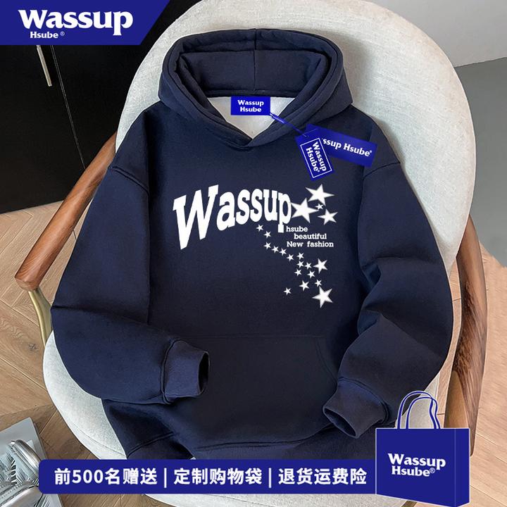 WASSUP HSUBE高级感星星印花连帽卫衣男女秋冬休闲百搭藏青色上衣