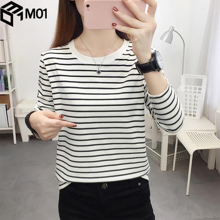 M012025秋装新款黑白条纹打底衫女长袖韩版宽松百搭休闲t恤女上衣