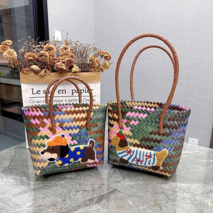 新款复古条纹腊肠狗多色敞口编织托特包通勤女士手提包编织包包