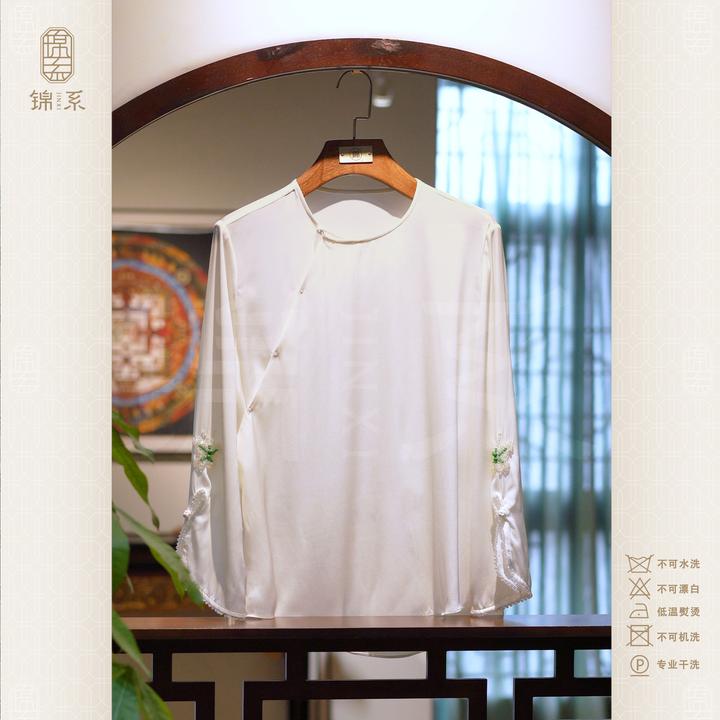真丝弹力双乔新中式国风桑蚕丝袖口绣花圆领斜襟长袖上衣C-391331
