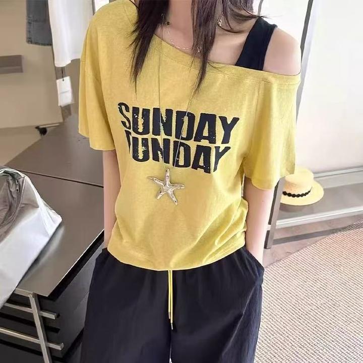 A大码夏季斜肩吊带撞色字母休闲印花短袖T桖时尚宽松显瘦百搭韩版