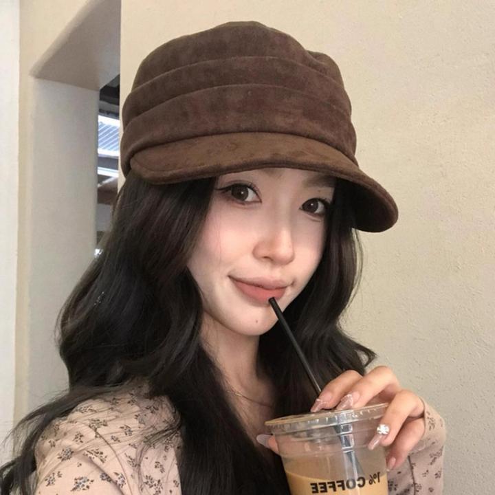 CanaryKiss时尚纯色马术帽女秋冬季麂皮绒平顶鸭舌帽显脸小八角帽