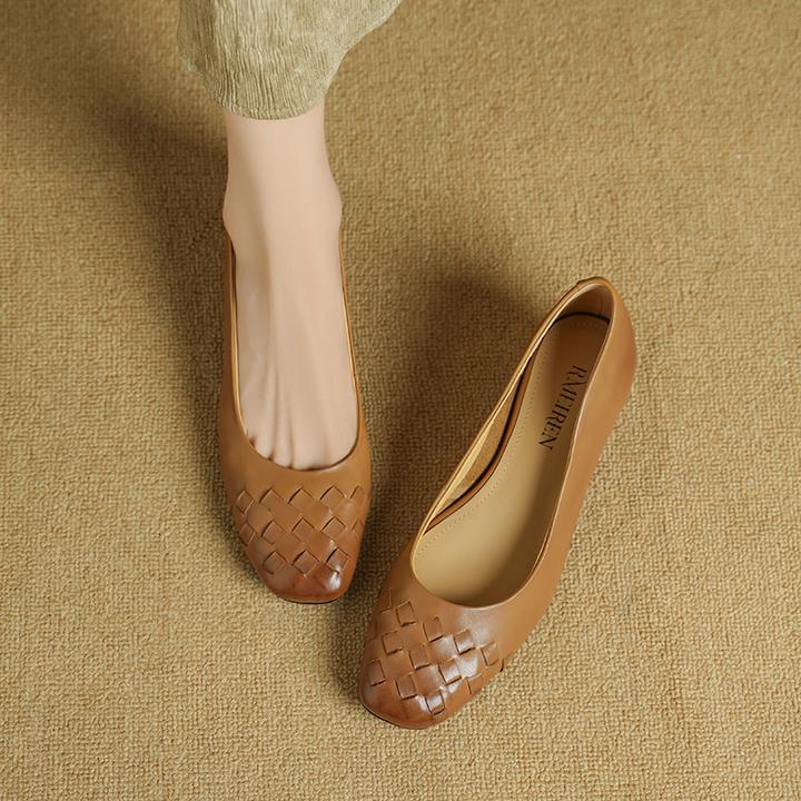 透气浅口小皮鞋编织单鞋中老年欧若假日风软底真皮舒适百搭一脚蹬