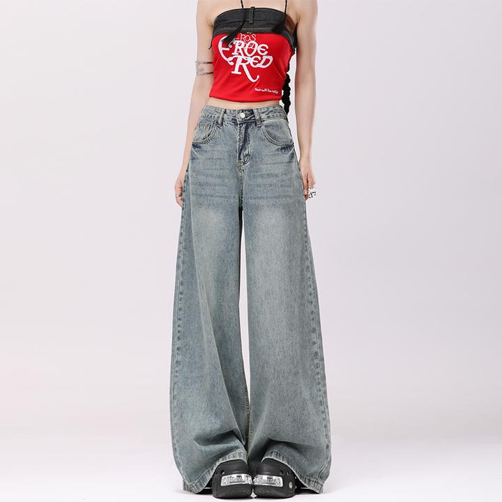 早秋新款浅蓝高街复古阔腿裤超柔纱双芯赛络纺软牛仔垂感拖地裤美