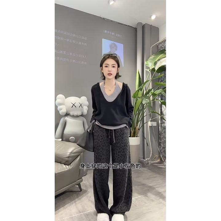 流行小美拉德抽绳咖色豹纹阔腿裤2025秋冬新款遮胯显瘦高腰休闲裤