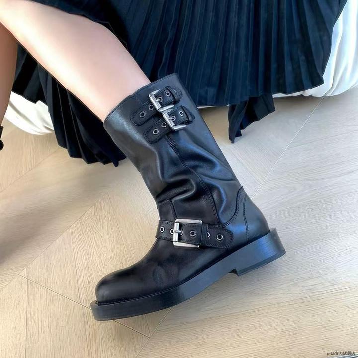 时尚复古圆头显瘦皮带扣中筒靴厚底粗跟机车靴新款搭扣马丁靴