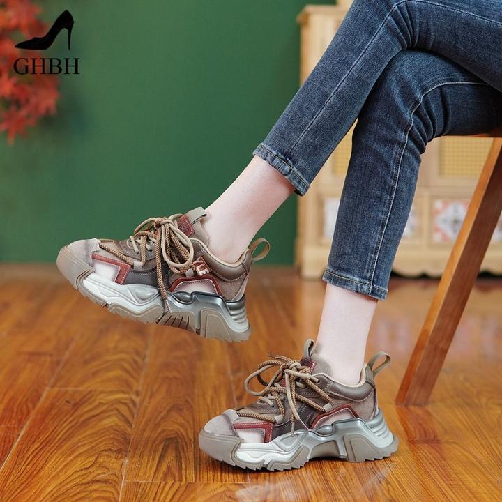 秋新款头层简约松糕厚底老爹鞋舒适拼色系带欧美运动旅游鞋女