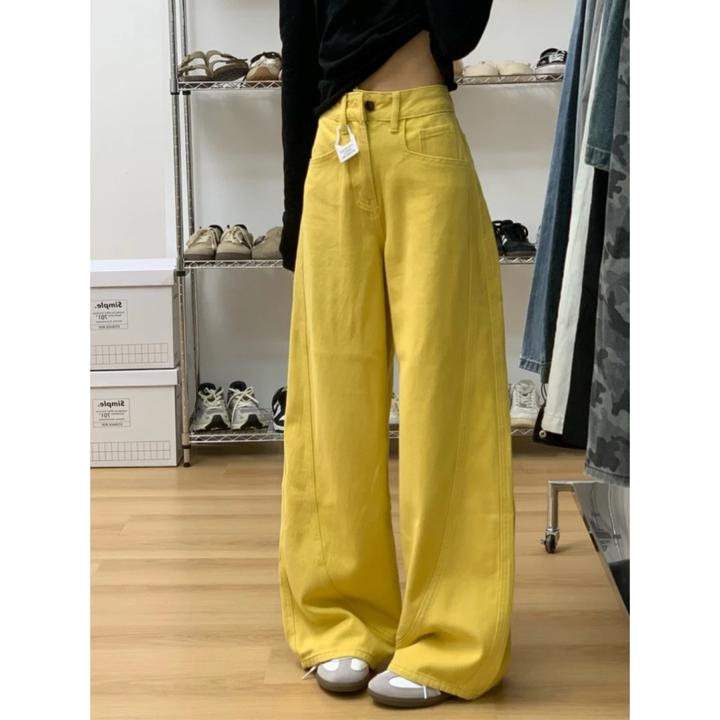 美式树叶黄高腰宽松休闲牛仔裤女春季新款设计感水洗直筒拖地裤子