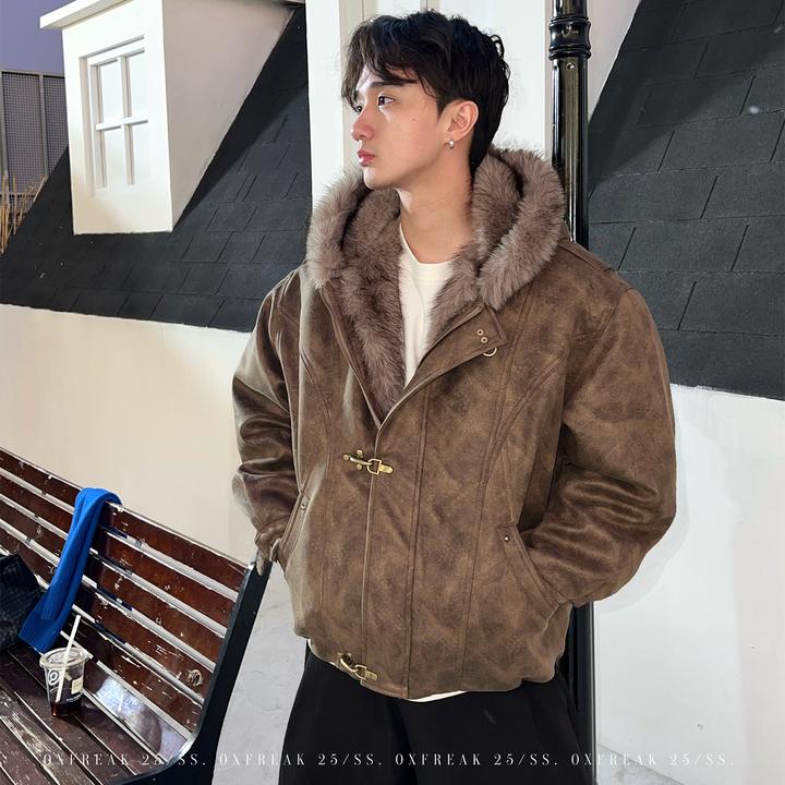 OXFREAK「霜冻PU皮 龙虾飞机扣」座山雕棉服男连帽冬季飞行员外套