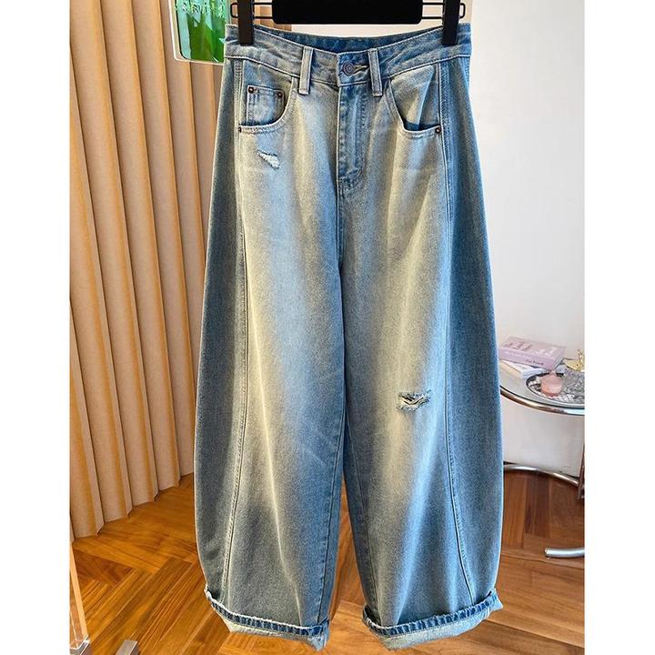 韩系休闲破洞弯刀阔腿牛仔裤女2025春秋新款宽松高腰显瘦镰刀裤女