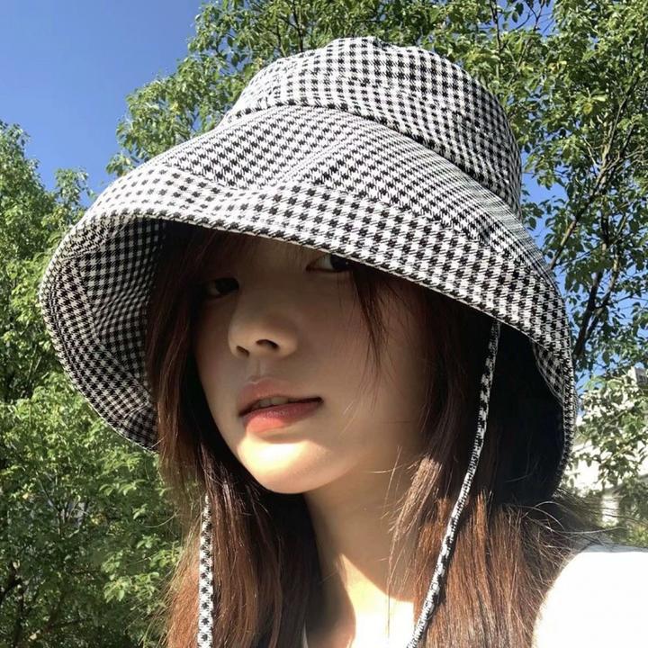 日系千鸟格渔夫帽女夏季2025新款防晒遮阳帽防紫外线大帽檐太阳帽