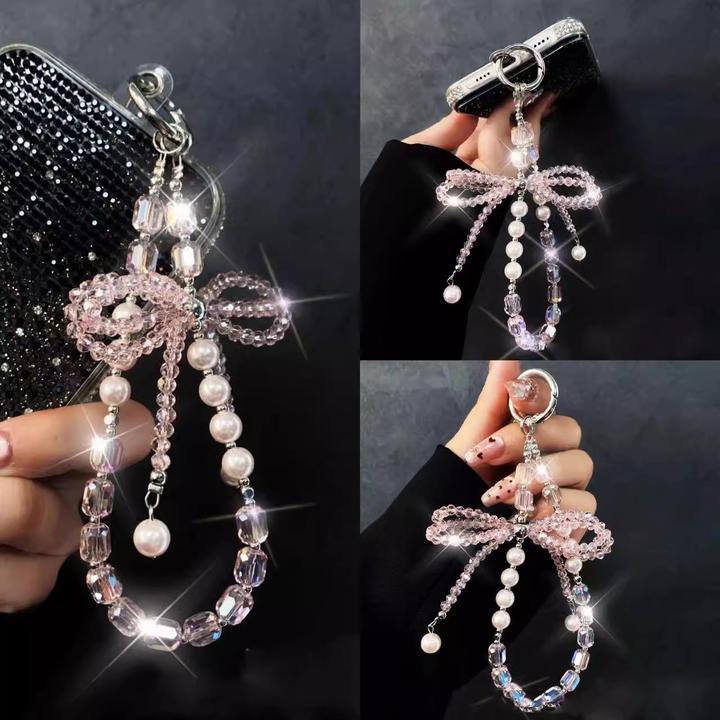 多巴胺少女粉水晶手机链蝴蝶结手提链创意短款可爱包挂件钥匙扣链