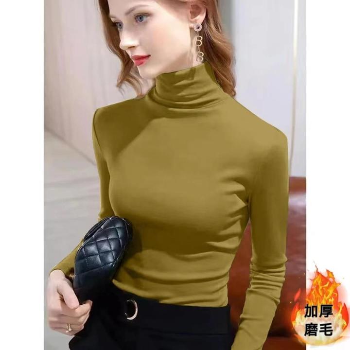 莫代尔秋冬大码高领长袖打底衫女薄绒磨毛t恤修身内搭保