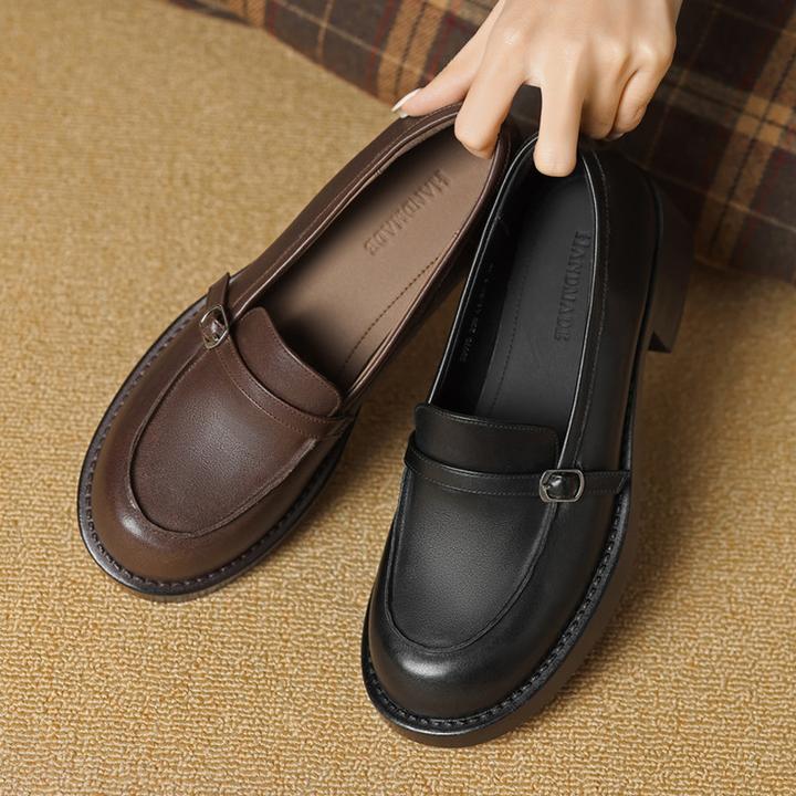 真皮时尚皮带扣一脚蹬深口乐福鞋女百搭中跟粗跟英伦风复古单鞋子