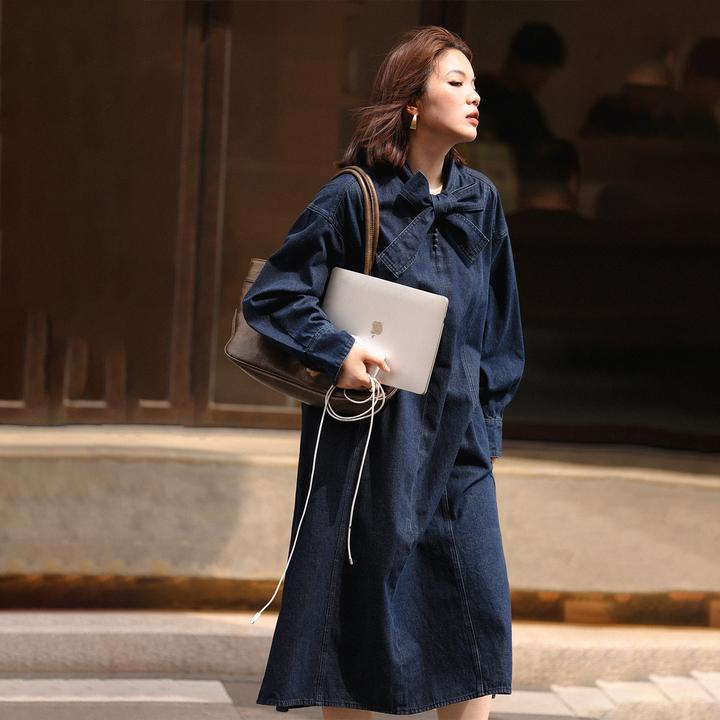 PLUSMALL 蓝羽和风 宽松蝴蝶结领结系带牛仔连衣裙PLUS2508147