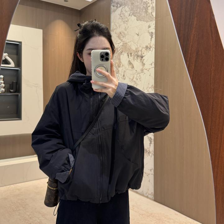 宿慕SUMU格子拼接连帽加厚外套2025新款秋季显瘦休闲百搭加棉上衣