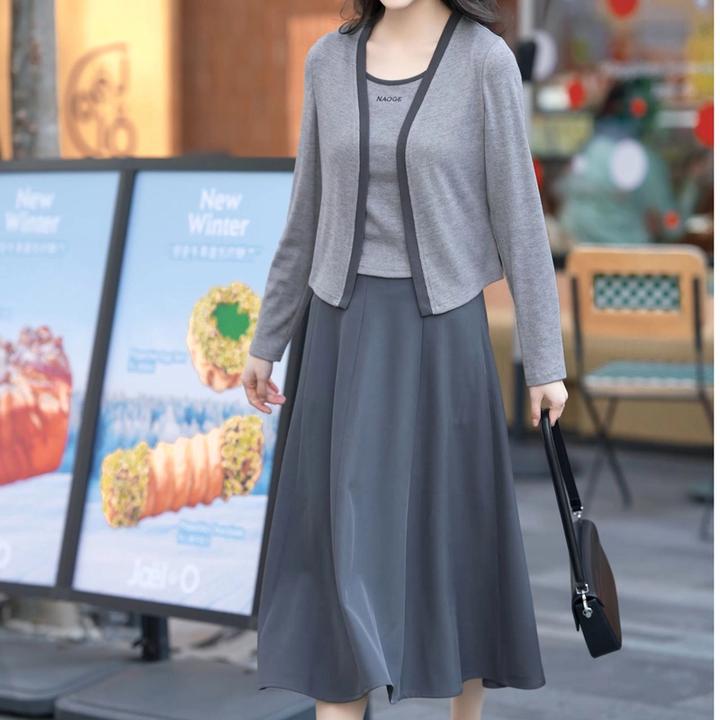 高级感三件套长袖针织连衣裙套装女2025春秋新款显瘦时尚气质长裙