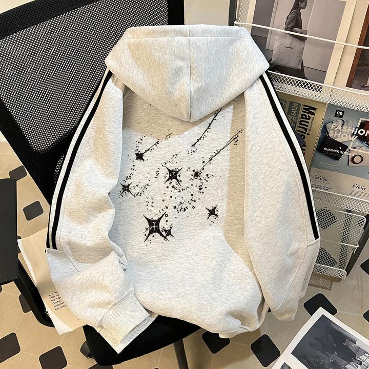 美式潮牌重磅三条杆连帽开衫男生秋冬新款boxy痞帅慵懒风拉链外套