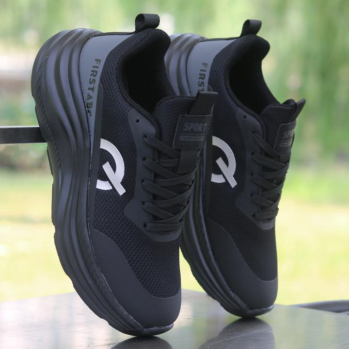 男鞋春秋网面透气软底防滑轻便运动鞋厚底休闲鞋跑步鞋黑色旅游鞋