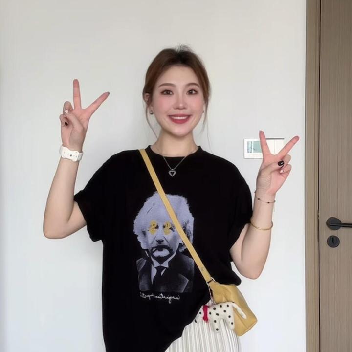 2025夏季新款美式复古印花短袖T恤宽松上衣搭配百褶半身裙两件套