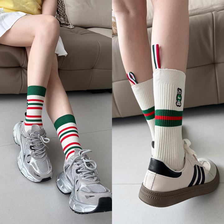 秋冬条纹袜子女外穿中筒袜可爱日系潮袜小腿袜撞色棉袜学短袜低帮