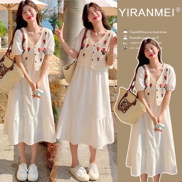 孕妇连衣裙温柔风2025夏季新款V领显瘦钩花马甲假两件法式女裙子