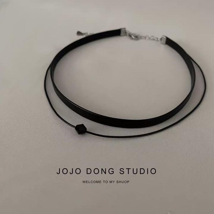 钛钢皮质项链 不褪色黑色珠锁骨链短款双层手工皮绳项链颈带项圈