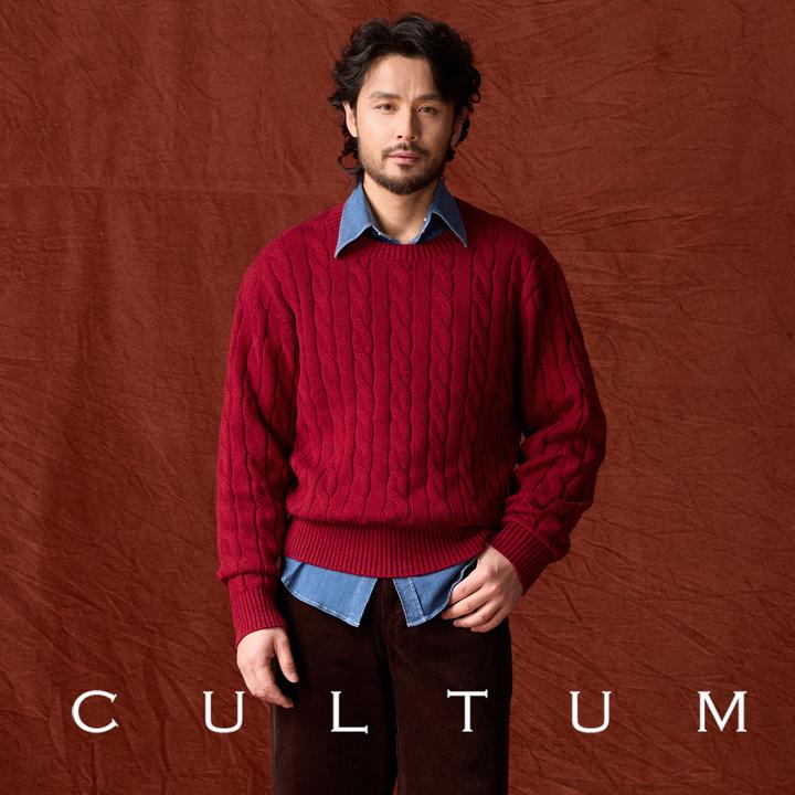 CULTUM复古圆领绞花新年马年本命年红色针织衫男圣诞套头毛衣内搭