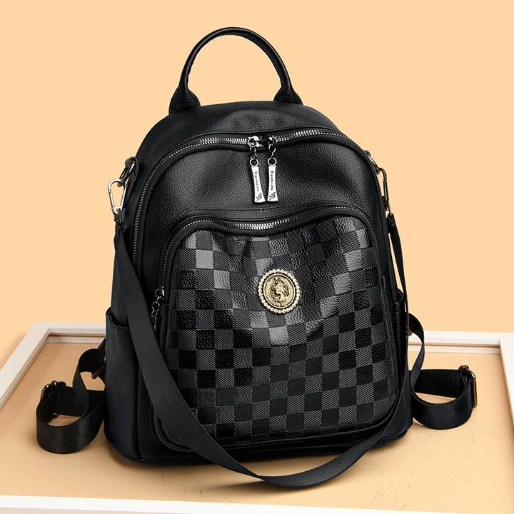 2025春季新款双肩包女棋盘格百搭两用背包软皮多口袋书包