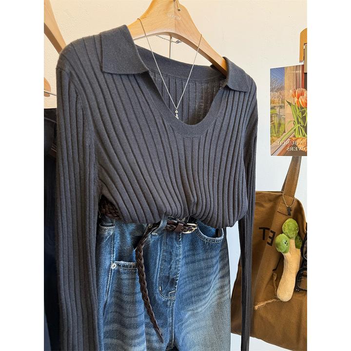 韩版百搭翻领显瘦长袖坑条针织衫女早秋穿搭气质修身套头长袖上衣