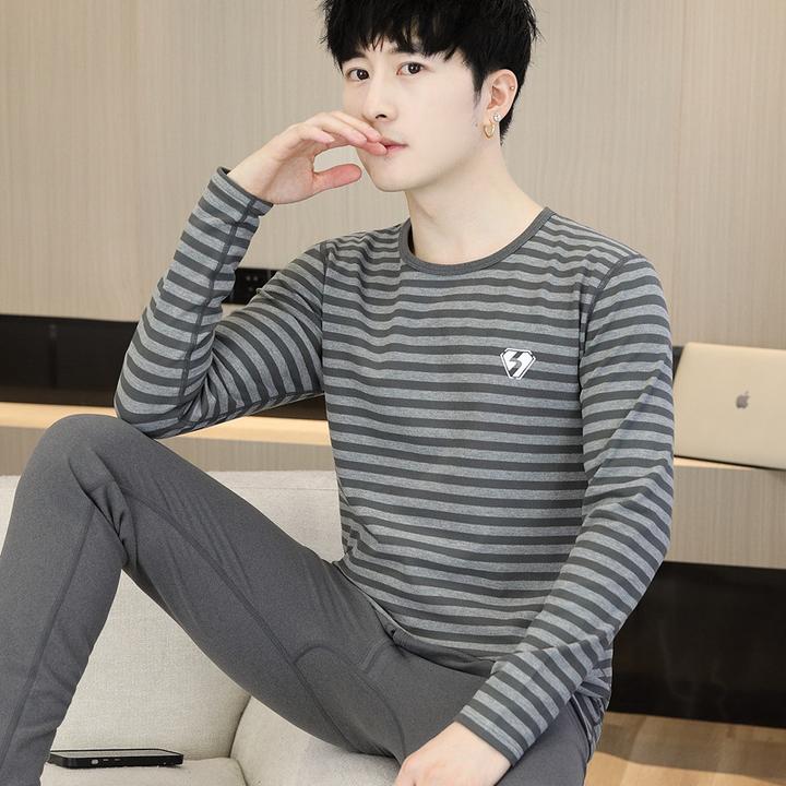 不起球德绒保暖内衣秋冬季秋衣秋裤男士保暖内衣条纹棉毛衫套装