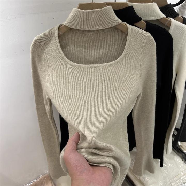 设计感镂空挂脖长袖针织衫女毛衣2024秋冬新款洋气内搭打底衫上衣