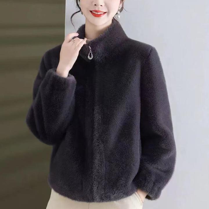 春秋皮毛一体开衫外套短款女士洋气纯色立领上衣拉链仿水貂绒大衣