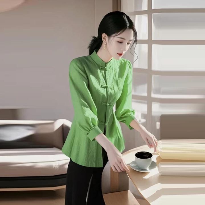 中式国风时尚修身显瘦衬衫女2025春季新款气质简约盘扣中袖上衣潮