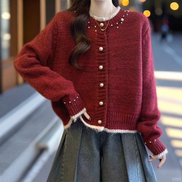 设计感拼色钉珠毛衣2025秋冬新款韩系慵懒风时尚小众百搭针织开衫