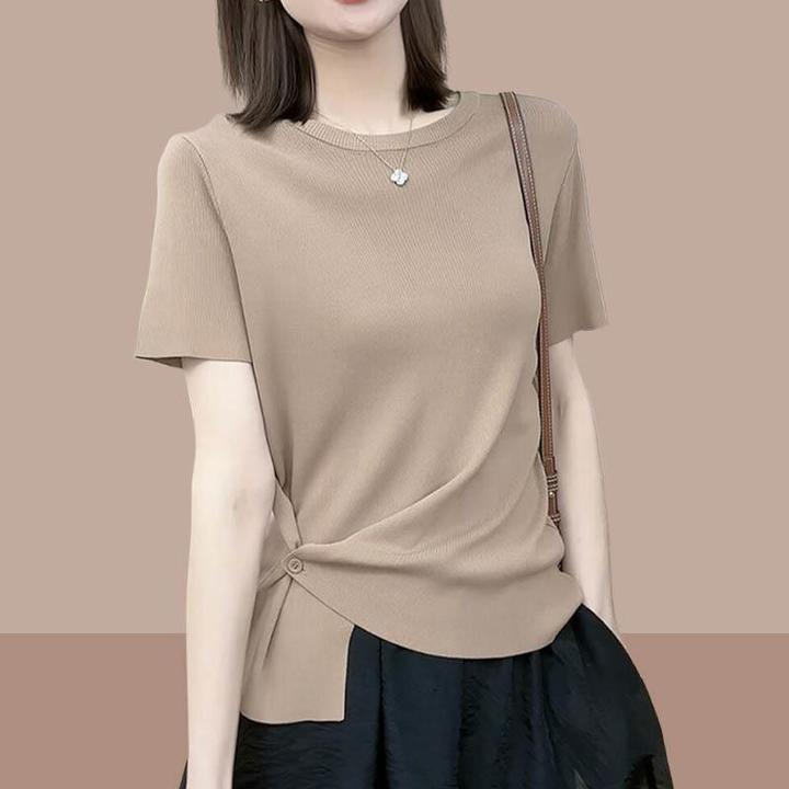 冰丝正肩短袖t恤女2025新款夏季宽松显瘦下摆暗扣别致上衣针织衫
