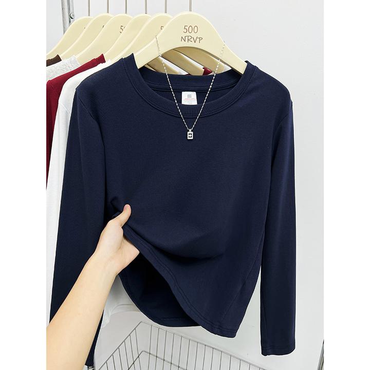 秋冬大码女装纯色百搭长袖t恤衫女正肩修身上衣弹力圆领打底衫ins