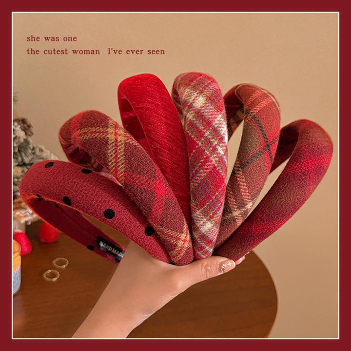 新年红色格纹短绒发箍女秋冬压发洗脸头箍高颅顶2026新款发卡头饰