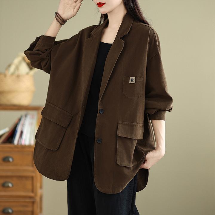 通勤宽松显瘦西装工装外套女复古时尚休闲拼接双口袋咖色长袖上衣