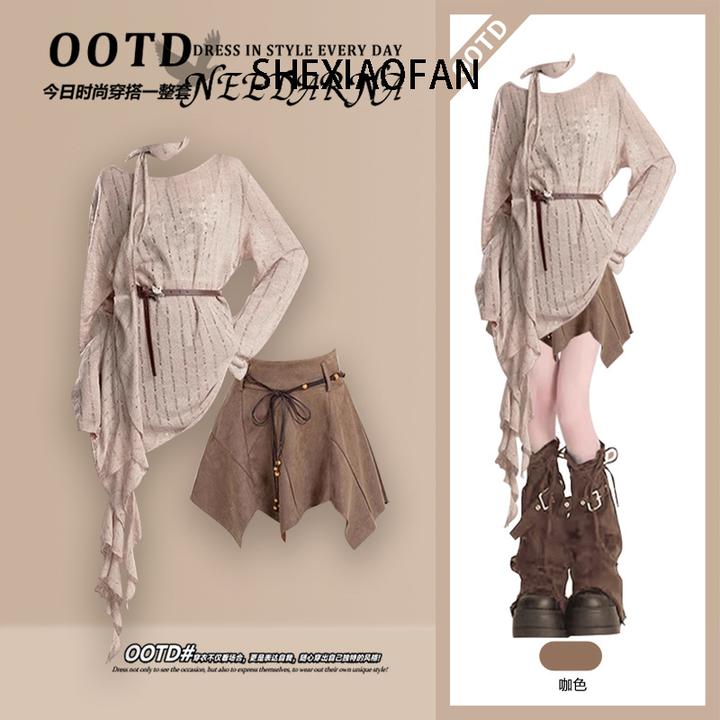 夏季旅游穿搭高级感微透长袖毛衣配美拉德时尚洋气减龄短裙两件套