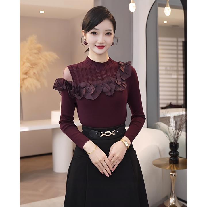 唐熹2025新款【8413】含绵羊毛针织衫盘花酒红色修身时尚百搭毛衣女
