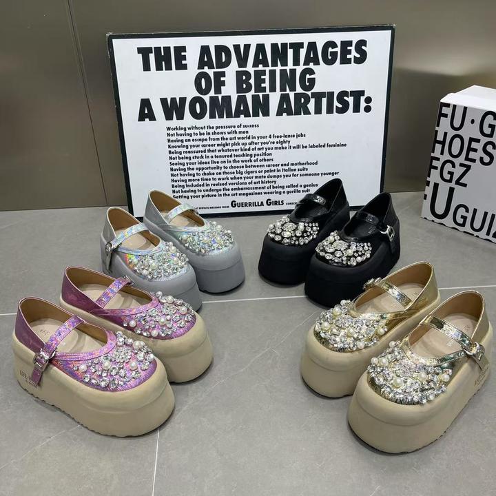 松糕底水钻一字带玛丽珍鞋女2025新款百搭小个子浅口休闲鞋乐福鞋