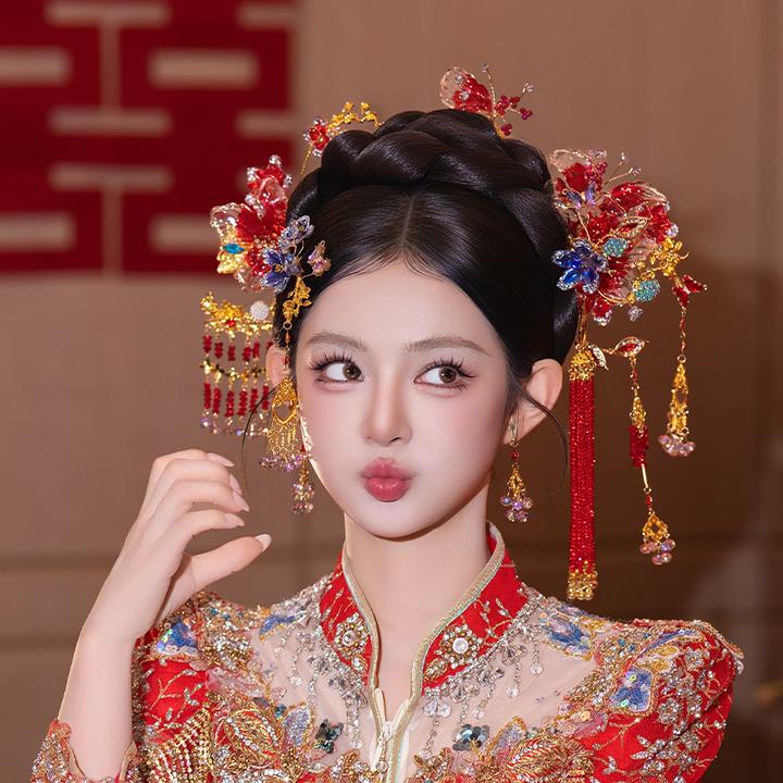 合金婚庆饰品 新娘中式超仙蓝色点缀复古红色渐变婚礼头饰品D0659